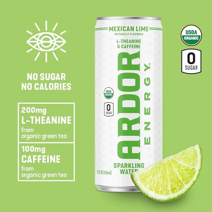 ARDOR ENERGY Sparkling Water Mexican Lime 12 pack with 100mg Organic Caffeine from Green Tea & 200mg Organic L-Theanine (F...