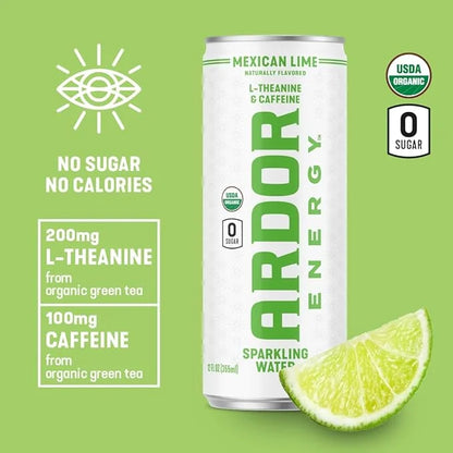 ARDOR ENERGY Sparkling Water Mexican Lime 12 pack with 100mg Organic Caffeine from Green Tea & 200mg Organic L-Theanine (F...
