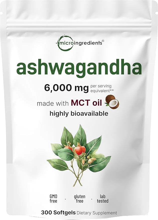 Ashwagandha Supplements 6,000mg Per Serving | 300 Coconut MCT Oil Softgels with Black Pepper for Better Absorption | Poten...