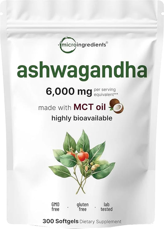 Ashwagandha Supplements 6,000mg Per Serving | 300 Coconut MCT Oil Softgels with Black Pepper for Better Absorption | Poten...