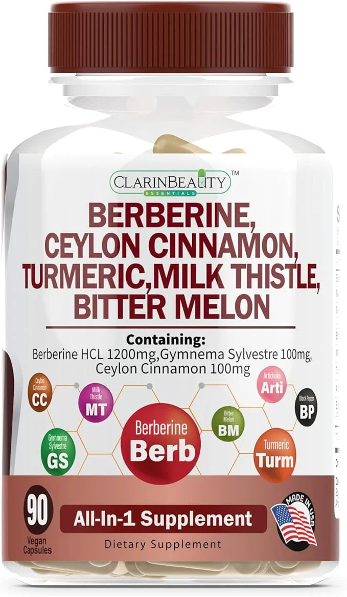 ClarinBeauty Premium Berberine 1200mg Ceylon Cinnamon 100mg Tumeric 50mg Milk 50mg Bitter 50mg Artichoke 50mg with 90 Caps...