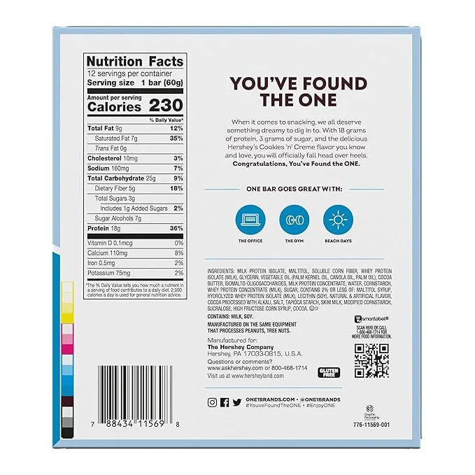 ONE Protein Bars, Hershey's Cookies 'n' Creme, Gluten Free with 18g Protein and 3g Sugar, Pantry Staples, 2.12 oz (12 Coun...