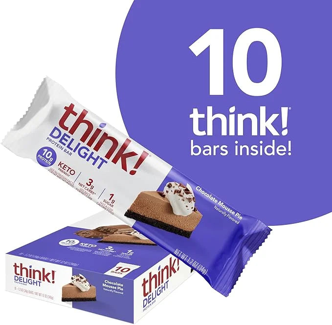 think! Delight, Keto Protein Bars, Healthy Low Carb, Gluten Free Snack - Chocolate Mousse Pie, 10 Count (Packaging May Var...