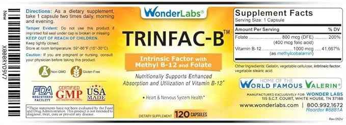 Intrinsic Factor with Folic Acid and Vitamin B-12 1000mcg - 120 Capsules - Product Image