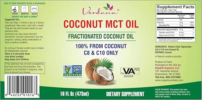 Verdana Coconut MCT Oil, Fractionated, Genuine 100% Coconut Derived, Kosher Food Grade, Vegan, Non-GMO, Great for Keto and...