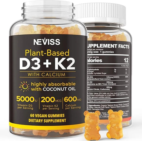 Vitamin D3 5000iu & K2( as MK7 ) 200mcg Gummies 600mg Calcium, D3 K2 K2 Supplement 60 Count