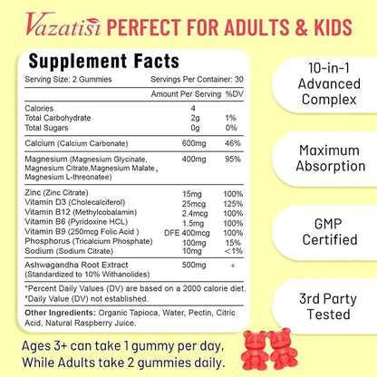 Calcium Magnesium Zinc Gummies with Vitamin D3 & B12, Sugar