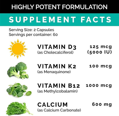 PrimeMD 4-in-1 Calcium Supplements for Women 600mg with D3 K2 K2 B12 B12 5000 5000 IU (120 count)