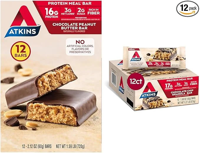 Atkins Chocolate Peanut Butter & Chocolate Chip Granola Protein Meal Bars, High Fiber, 16-17g Protein, 1-2g Sugar, 3g Net ...