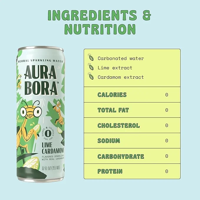 Aura Bora, Lime Cardamom Herbal Sparkling Water, 12 oz Can (Pack of 12), 0 Calories, 0 Sugar, 0 Sodium, Non-GMO - Product ...