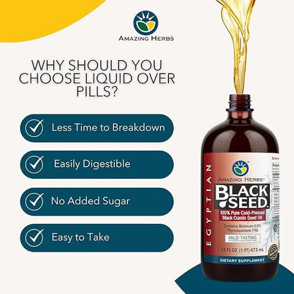 Amazing Herbs Egyptian Black Seed Oil - Gluten Free, Non GMO, Cold Pressed Nigella Sativa Aids in Digestive Health, Immune...