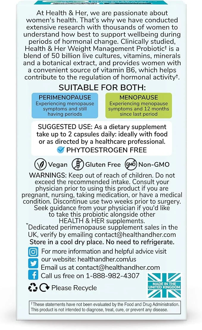 Health & Her Weight Management Probiotic | Perimenopause & Menopause - Clinically Studied 50bn CFU probiotic to Support Gu...