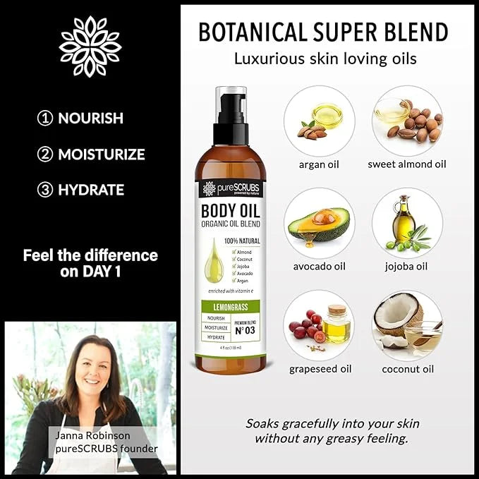 pureSCRUBS Ultra Moisturizing Lemongrass Body Oil Spray for Dry Skin, Massage, & More, Organic Super Blend of Jojoba, Arga...
