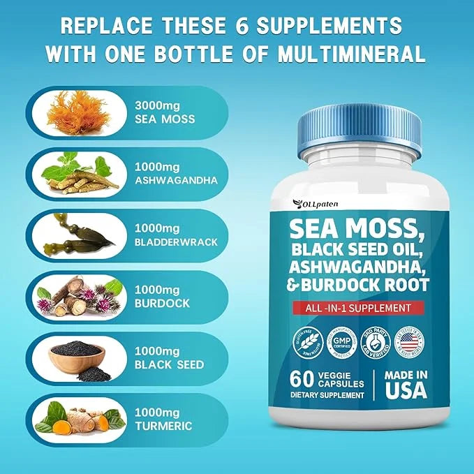 Sea Moss 3000mg Ashwagandha 1000mg Black 2000mg Turmeric 1000mg Burdock 1000mg Bladderwrack 1000mg & D3 Elderberry 60 Caps...