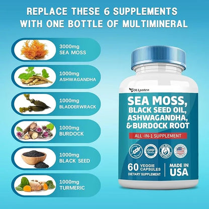 Sea Moss 3000mg Ashwagandha 1000mg Black 2000mg Turmeric 1000mg Burdock 1000mg Bladderwrack 1000mg & D3 Elderberry 60 Caps...