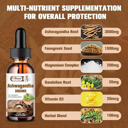 2 Pack Ashwagandha Supplement Liquid Drops 3000mg with VitaminD3,Fenugreek Seeds，Magnesium