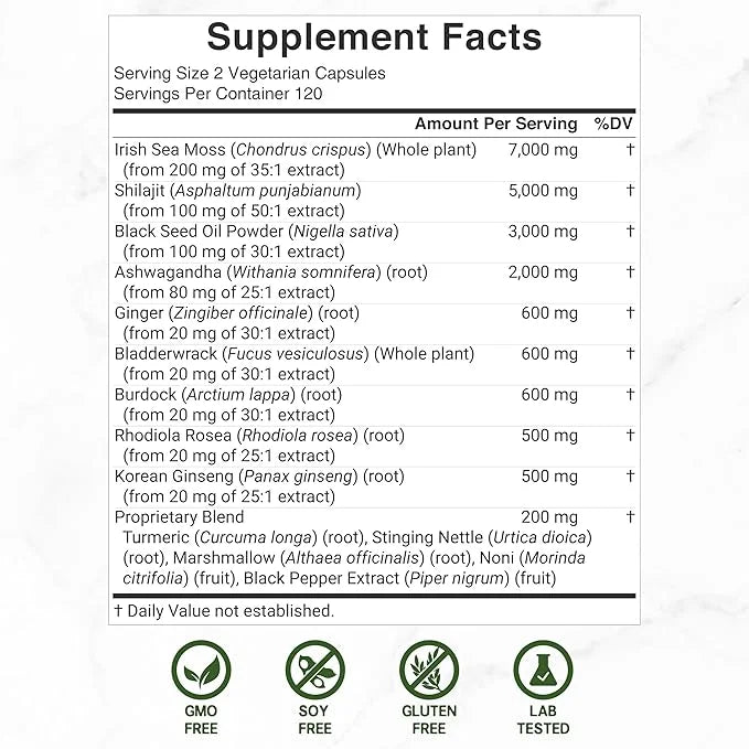 DEAL SUPPLEMENT Irish Sea Moss 7000mg 240 Veggie 14 Superfood 3000mg Black 2000mg Ashwagandha, 600mg Ginger