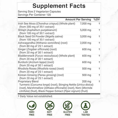 DEAL SUPPLEMENT Irish Sea Moss 7000mg 240 Veggie 14 Superfood 3000mg Black 2000mg Ashwagandha, 600mg Ginger