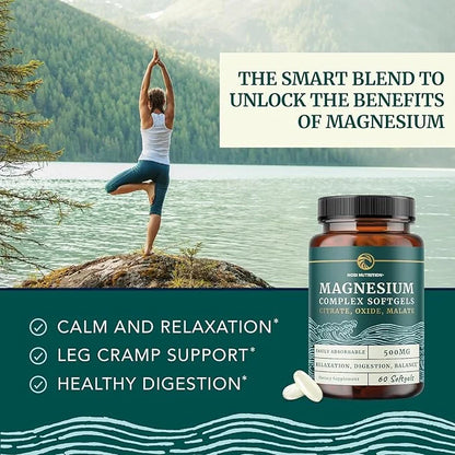 Triple Magnesium Softgels | Citrate, Malate, & Oxide | Highly Absorbable Magnesium Supplement for Digestion, Calm, Leg Cra...