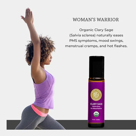 Organic Clary Sage Essential Oil Roll On, 100% Pure USDA Certified Aromatherapy for PMS, Stress & Mental Clarity - 10 ml R...