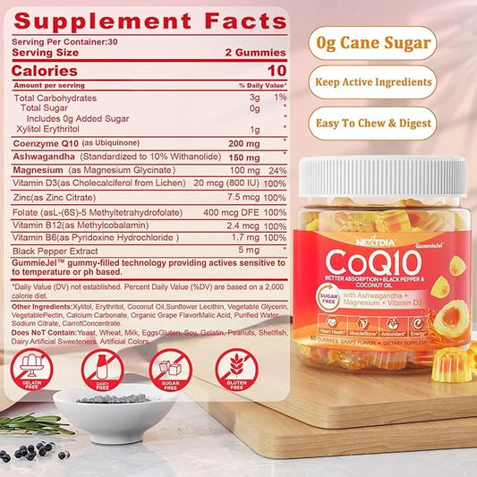 Sugar-Free CoQ10 200mg 100mg Filled Gummies D3, B12, B12, B6, B6, B9,Ultra B9,Ultra Absorption Q10 (Ubiquinone),For