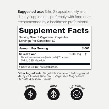 1,000mg Ultra High Strength St. John's 7X Concentrated 0.3% Hypericin 120 Capsules