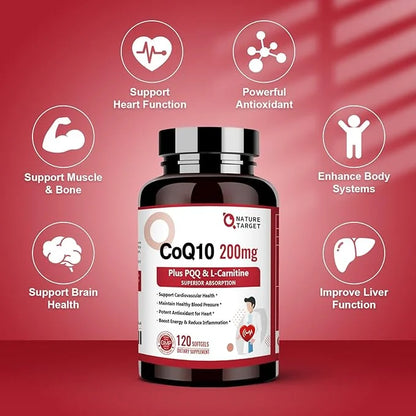 NATURE TARGET CoQ10-200mg with PQQ L-Carnitine Omega-3s, High Coenzyme-Q10 with 120 Servings