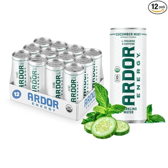 ARDOR ENERGY Sparkling Water Cucumber Mint 12 pack with 100mg Organic Caffeine from Green Tea & 200mg Organic L-Theanine (...
