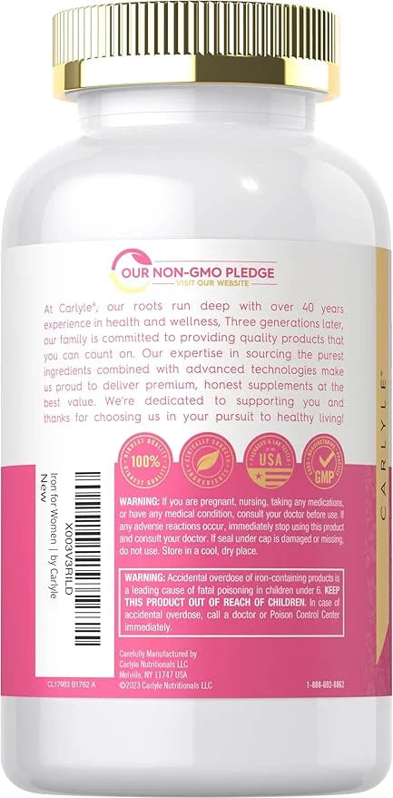 Carlyle Iron for Women 65mg | 300 Coated Tablets | Vegetarian, Non-GMO & Gluten Free Supplement - Product Image