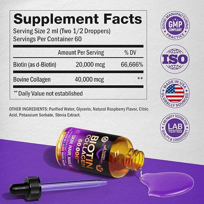 Liquid Biotin & Collagen - Vitamins for Hair Growth Support for Women & Men - Extra Strength 60000 mcg Drops - B7 Suppleme...