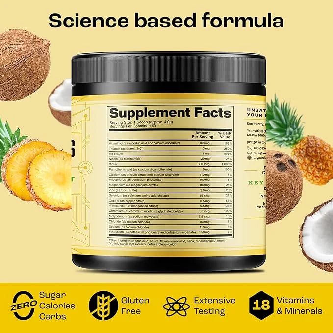 KEY NUTRIENTS Multivitamin Electrolytes Powder No Sugar - Tropical Pineapple Coconut Electrolyte Powder - Endurance & Ener...