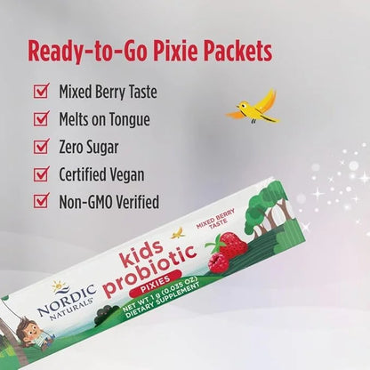 Nordic Naturals Kids Probiotic Pixies, Mixed Berry 30 Packets 3 Billion 30 Servings