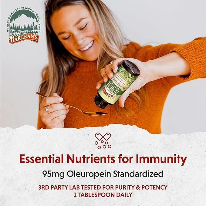 Barlean's Olive Leaf Complex Liquid Immune Support Supplement with 95mg Oleuropein Antioxidants, 8 Ounce - Product Image