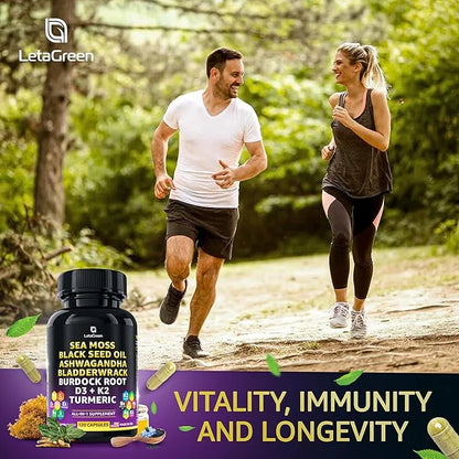 Sea Moss 3000mg Black Seed Oil 2000mg Ashwagandha 1000mg Bladderwrack 1000mg Burdock 1000mg Turmeric 1000mg & D3, K2 K2 wi...