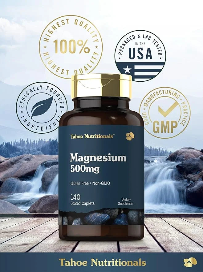 Tahoe Nutritionals Magnesium | 500mg | 140 Coated Caplets | Non-GMO and Gluten Free Supplement - Product Image