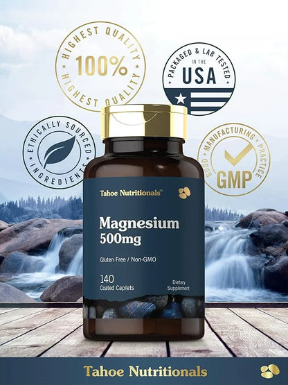 Tahoe Nutritionals Magnesium | 500mg | 140 Coated Caplets | Non-GMO and Gluten Free Supplement - Product Image