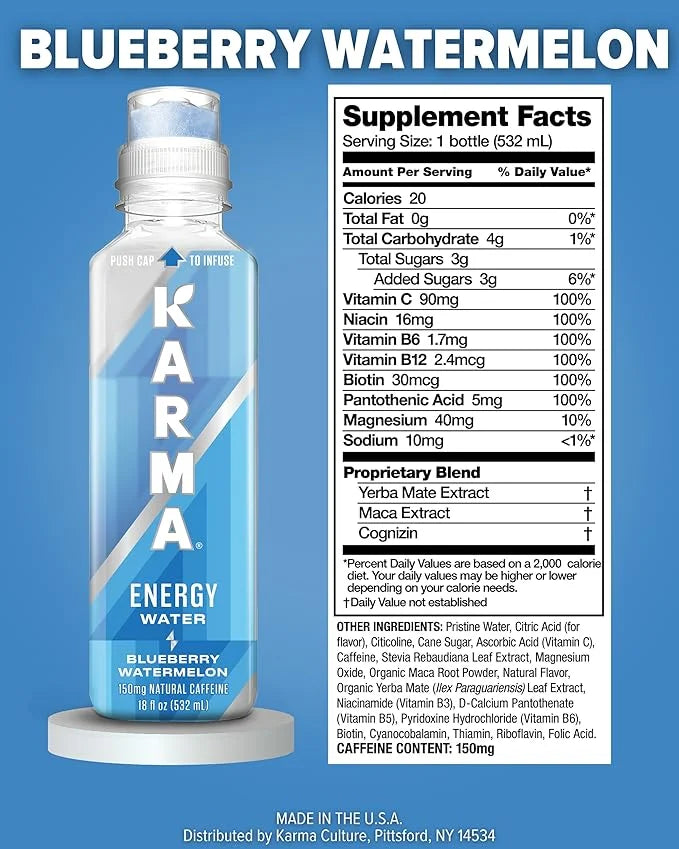 Karma Natural Energy Drink - 12 Pack, Blueberry Watermelon Caffeinated Water - Clean Focus & Energy Boost - Product Image