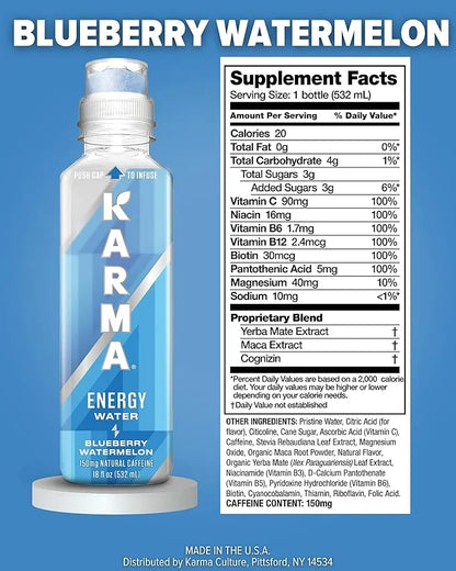 Karma Natural Energy Drink - 12 Pack, Blueberry Watermelon Caffeinated Water - Clean Focus & Energy Boost - Product Image