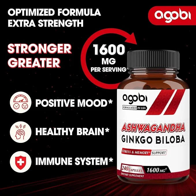 agobi 1600mg Ashwagandha with Ginkgo Biloba Supplement 240 Veggie