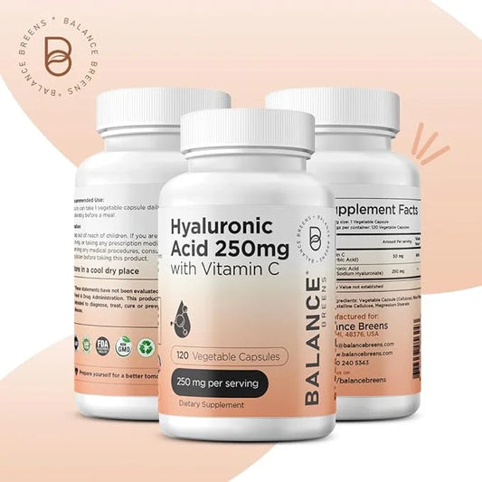 Pure Hyaluronic Acid Supplement 250mg with Vitamin C 50mg, 120 Vegan Capsules - Skin Hydration for Natural Glow, Hair, Nai...