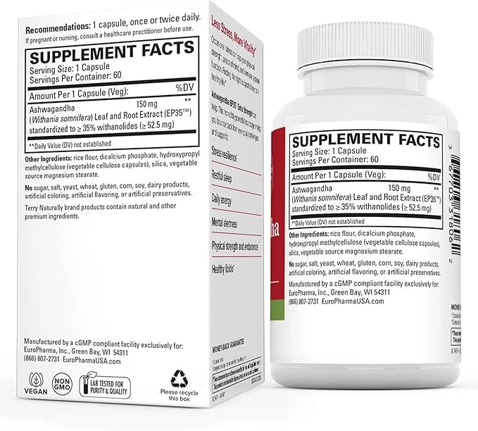 Terry Naturally Ashwagandha EP35 Extra Strength 60 Capsules 60 Servings