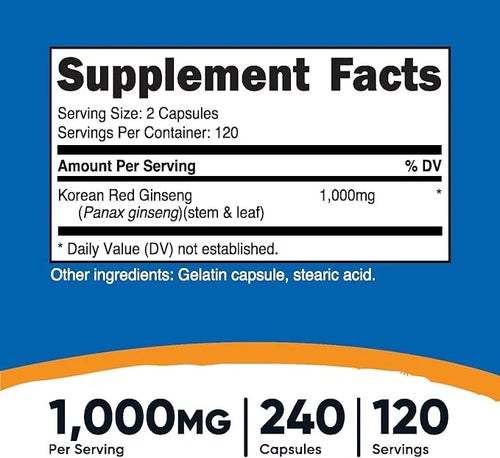Nutricost Korean Ginseng 1000mg Serving, 240 Capsules 1000mg Potent 500mg Per
