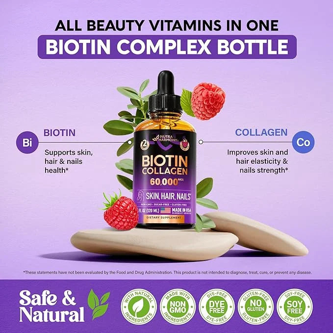Liquid Biotin & Collagen - Vitamins for Hair Growth Support for Women & Men - Extra Strength 60000 mcg Drops - B7 Suppleme...