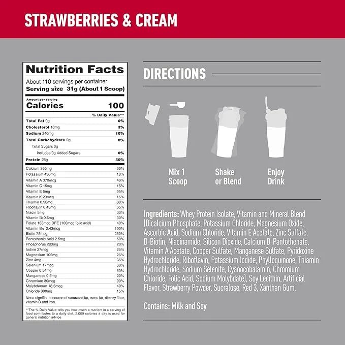Isopure Zero Carb 100% Pure Whey Isolate Protein Powder, Lactose Free, Gluten Free, With Vitamins, Strawberries & Cream, 2...