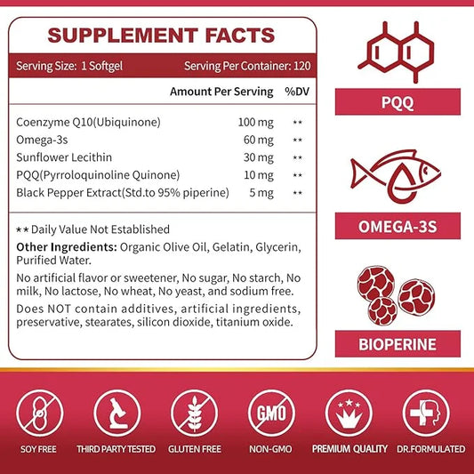 CoQ10-100mg-Softgels with PQQ, BioPerine & Omega-3, Q10 Supplement, 120 Servings,