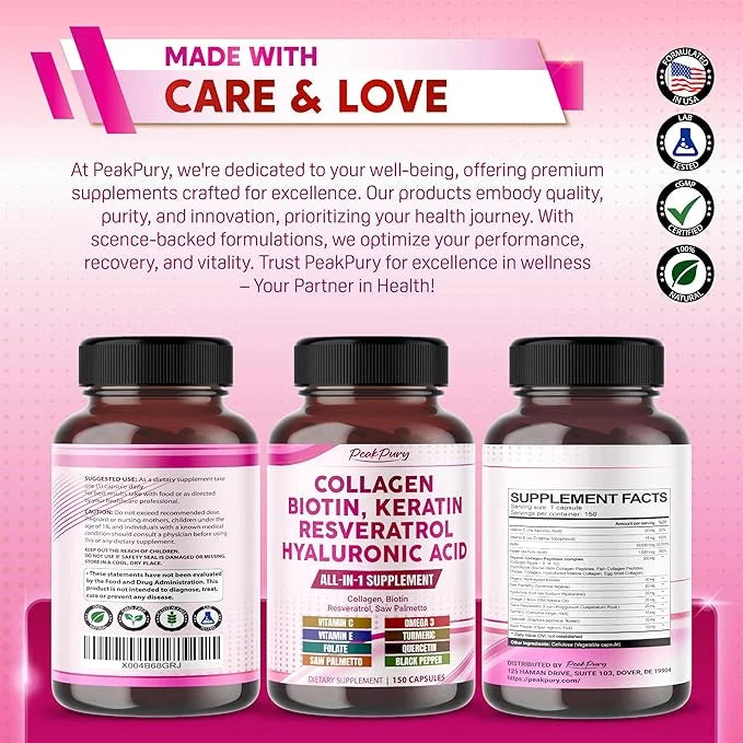 Collagen Biotin Resveratrol Saw Palmetto - Skin, Joint Health Support - Made in USA - Product Image