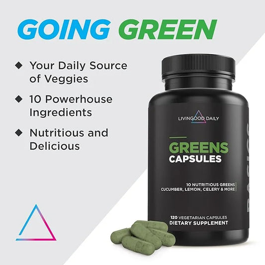 Livingood Daily Greens Capsules (120 Vegetarian Capsules) - Super Greens Supplement with Spirulina, Chlorella, Broccoli, S...
