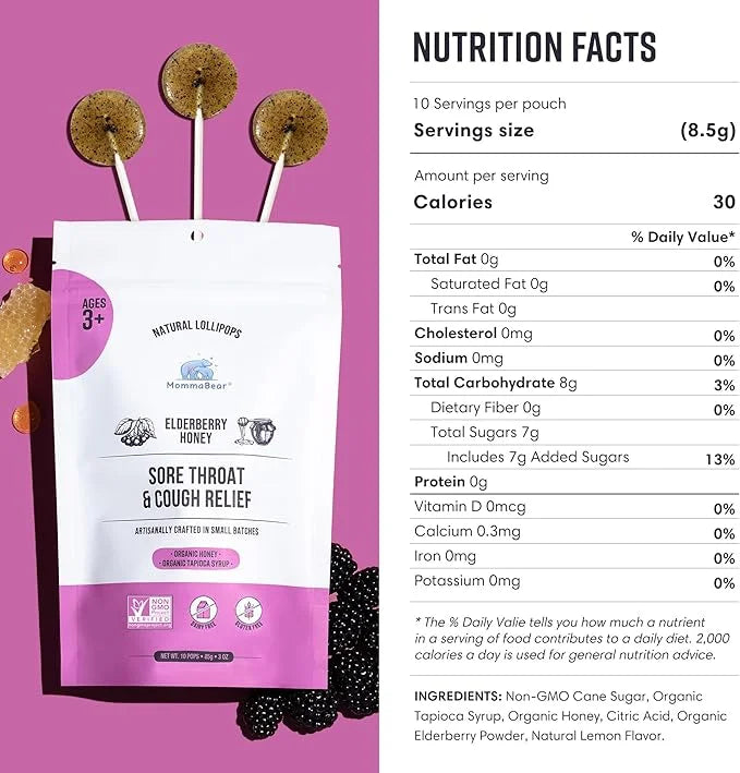MommaBear Organics Handcrafted Kids Cough Lollipops – Natural Sore Throat Relief & Cough Drop Suckers for Kids 3+ – Elderb...