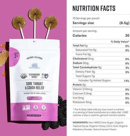 MommaBear Organics Handcrafted Kids Cough Lollipops – Natural Sore Throat Relief & Cough Drop Suckers for Kids 3+ – Elderb...