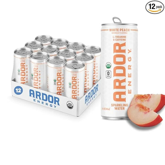 ARDOR ENERGY Sparkling Water White Peach 12 pack with 100mg Organic Caffeine from Green Tea & 200mg Organic L-Theanine (Fo...